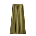 Olive green high waist satin midi skirt with a silky smooth finish and flowy A-line cut - Olive Green