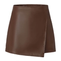 Detalle de la falda pantalón asimétrica de cuero PU marrón con diseño de cremallera de talle alto - S / Marrón