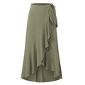 Detailansicht eines olivgrünen High-Waist-Wickelrocks mit Volants und Seitenbindung - S / Armeegrün