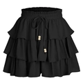 Detail of elastic smocked waist with drawstring and wooden beads on black tiered mini skirt - Black