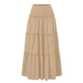 Close-up of khaki tiered maxi skirt featuring elastic smocked waist and ruffled details - S / Champagne
