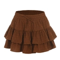 Women's dark brown tiered mini skirt with high waist drawstring and polka dot texture - Brown