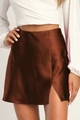 Mini-jupe en satin marron à taille haute avec fente latérale et fini soyeux pour femmes - Chocolat (Personnalisé)