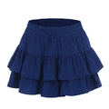 Women's high waist dark blue Swiss dot tiered ruffle mini skirt with drawstring bow - Navy Blue