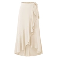 Detailansicht eines cremefarbenen Wickelrocks mit Volants, hoher Taille und Bindeband - S / Beige