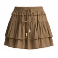 Gonna-pantalone a vita alta da donna color cachi scuro con balze e coulisse con perline - S / Marrone