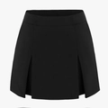 Front detail of high waist black A-line skort featuring symmetrical wide pleats and side slits - Black