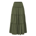 Detail view of the smocked elastic high waist and textured cotton-linen fabric on olive skirt - S / Army Green