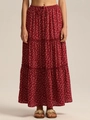 Deep red floral maxi skirt with high elastic drawstring waist and tiered ruffle design - Printed Red