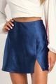 Mini-jupe en satin bleu marine à taille haute avec fente latérale et reflet de perle - Bleu Marine (Personnalisé)