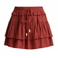 Gonna-pantalone a balze marrone rosso con elastico in vita e coulisse con perline - S / Rosso Arancio
