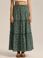Forest green ditsy floral high waist tiered maxi skirt with adjustable drawstring waist - Printed Green
