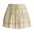 Apricot high waisted tiered ruffle mini skort with drawstring and wooden beads - Beige