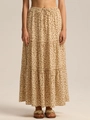 Bohemian floral maxi skirt in apricot with elastic drawstring waist and tiered layers - Printed Beige