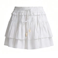 White multi-layered tiered skort with adjustable drawstring and wooden beads - White