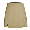 Detailed close-up of high-waist khaki mini skirt featuring symmetrical side slits and a smooth finish - Khaki