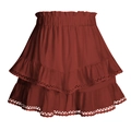 Burgundy tiered mini skirt with elastic waist and hollow geometric lace edges - S / Burgundy