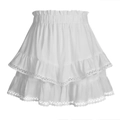 White layered ruffle mini skirt with high elastic waist and delicate lace hem edges - White