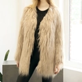 Chic light beige faux fur jacket in a loose open-front design for winter fashion - XS / Light Camel