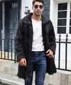 Close-up of the high-quality faux fur texture on a long black coat for men - S / Black