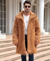Outdoor close-up of men's long faux fur coat in ginger brown with a large lapel collar - Tiger Amber Long Fur