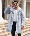 Detail of grey men's long faux fur coat featuring fluffy texture and large lapel collar - Grey Fur Black Tips