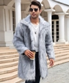 Silver-grey long faux fur coat with large lapel and thick fluffy texture on male model - Grey Fur Black Tips