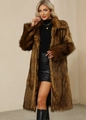 Detailed texture of women's long brown faux fur coat with thick glossy plush collar - 3XL / Tan Faux Fur