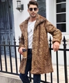 Detailed texture of men's long brown faux fur coat with broad lapel collar in city street - Tricolor Fur