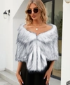 Detailed texture of white faux fox fur bridal shawl with elegant clasp closure - One Size / Grey Fur Black Tips