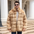 Men's camel faux fur coat with horizontal striped texture and plush luxury design - S / Khaki