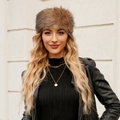Detail of dark brown faux fur headband on model, showing thick and warm winter texture - Yellow Base Black Tips