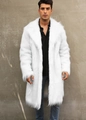 Front view of white faux fox fur coat for men featuring a large lapel and thick long texture - White