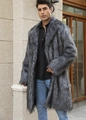 Detailed outdoor shot of a men's long faux fox fur coat with a classic lapel collar - White Grey Long Fur