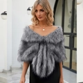 Elegant grey faux fox fur shawl wrap scarf for winter bridal gowns and evening wear - One Size / White Grey Long Fur