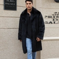 Men's black long faux fur coat featuring a large lapel and thick fluffy texture - S / Black