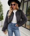 Veste courte en fausse fourrure gris foncé pour femme avec texture douce et coupe ouverte - Gris foncé