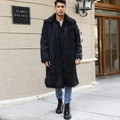 Men's long faux fox fur coat in black featuring thick plush texture and large lapels - S / Black