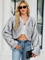 Veste courte en fausse fourrure pour femme avec motif loup gris et manches douces - Blanc Mélangé