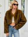 Veste courte en fausse fourrure pour femme en marron foncé avec manches longues - Rayé Jaune