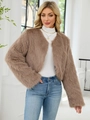 Veste courte à la mode en fausse fourrure marron avec de longues manches amples - Khaki Clair