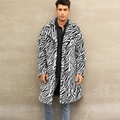 Detail of men's zebra print faux fur coat with wide lapel and longline silhouette - S / White Zebra Print