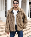 Detailed texture of men's brown faux fur jacket collar with soft plush finish - Long Yellow Fur