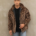 Men's leopard print faux fur hoodie with warm quilted lining and durable metal zipper - S / Yellow Leopard