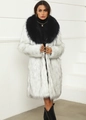 Detail view of long faux fur coat featuring a contrast black collar and grey textured fur - S / White Body Black Collar