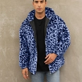 Men's hooded faux fur jacket featuring a blue and black leopard print pattern - S / Blue Leopard