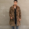 Herren Kunstpelz-Mantel mit Leopardenmuster in Khaki, mittellanger Schnitt mit Revers - S / Leopardenmuster