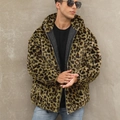Men's yellow and black leopard print faux fur hooded jacket with warm quilted lining - S / Green Leopard