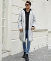 Close-up of grey faux fur coat featuring a large hood and premium textured material - S / Grayish White