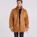 Luxurious tan faux fur mid-length jacket for men featuring a classic stand collar design - Tiger Amber Long Fur